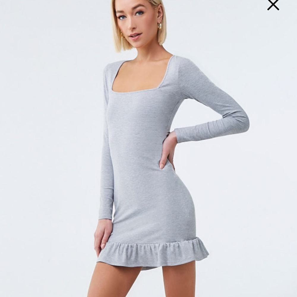 F21 Square Neck Ruffle Hem T-Shirt Dress - Grey - Small